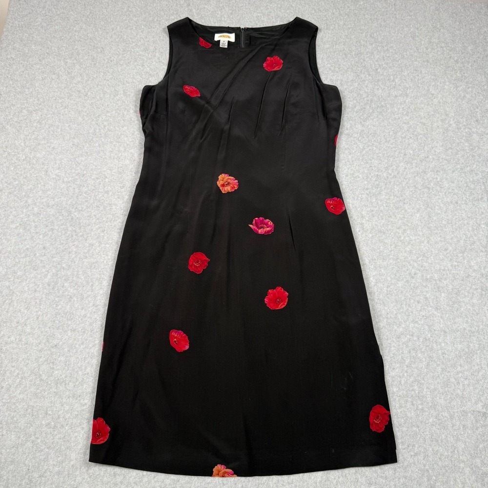 Talbots Vintage 90s Black 100% Silk Red Poppy Floral Whimsigoth Shift Dress 10